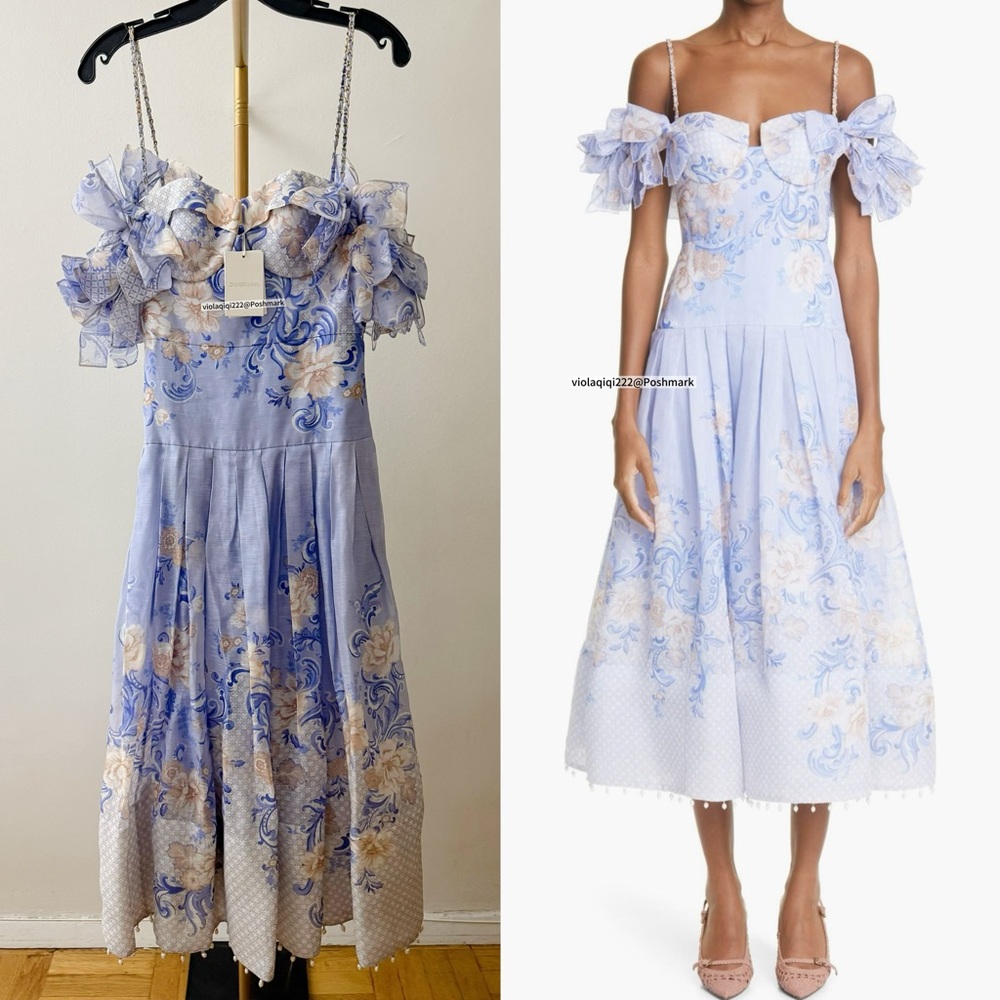 NWT Zimmermann Dress|Zimmermann Postcard Runway Bow Bodice Midi Dress(AU 1/US 6)